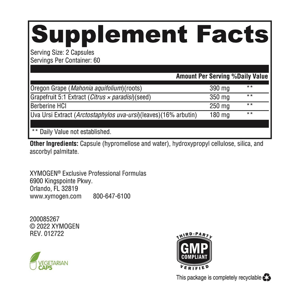 XYMOGEN Berbemycin bottle back-label highlighting berberine and natural extracts