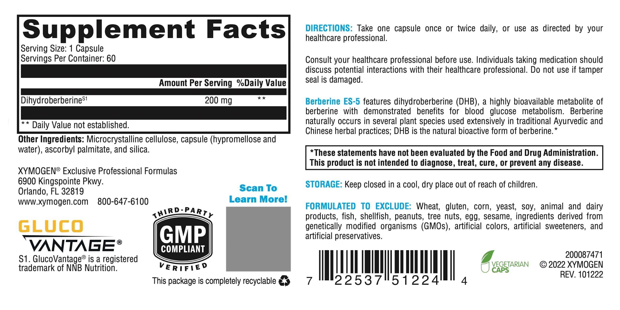 XYMOGEN Berberine ES-5 capsules in blister for easy daily dosing.