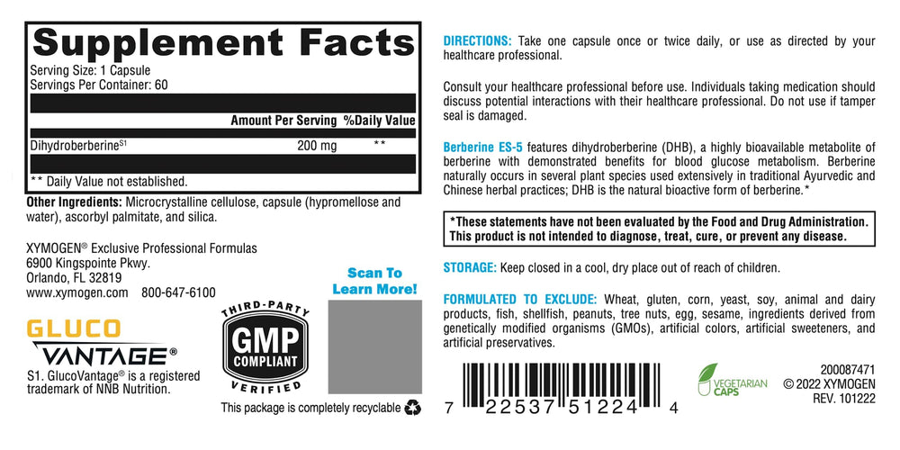 XYMOGEN Berberine ES-5 capsules in blister for easy daily dosing.