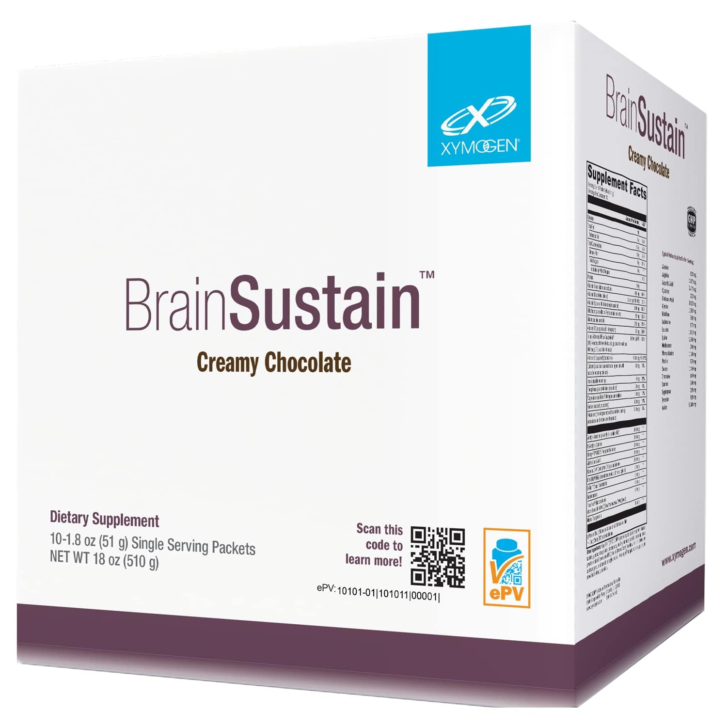 XYMOGEN BrainSustain bottle shows gluten-free, non-GMO protein blend.