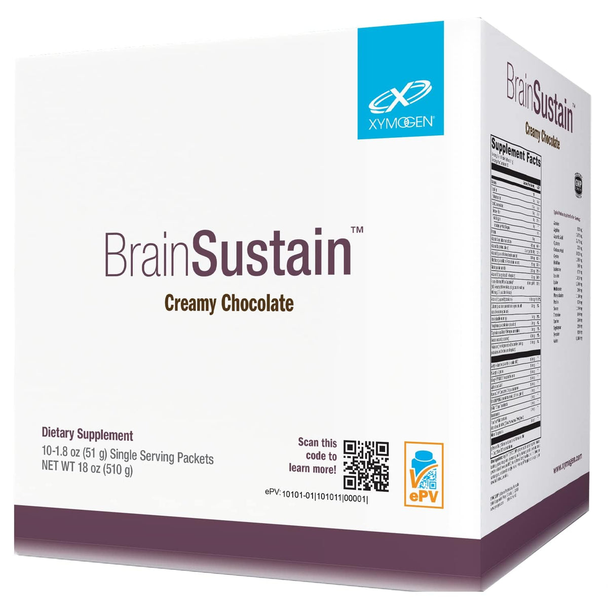 XYMOGEN BrainSustain bottle shows gluten-free, non-GMO protein blend.