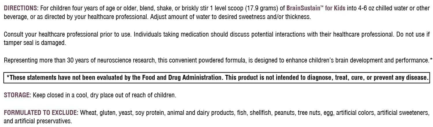 XYMOGEN BrainSustain for Kids dairy-free label shown with pea and rice protein