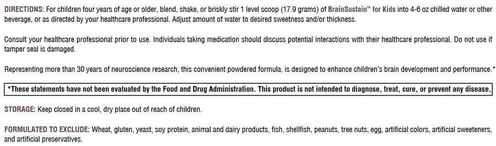XYMOGEN BrainSustain for Kids dairy-free label shown with pea and rice protein