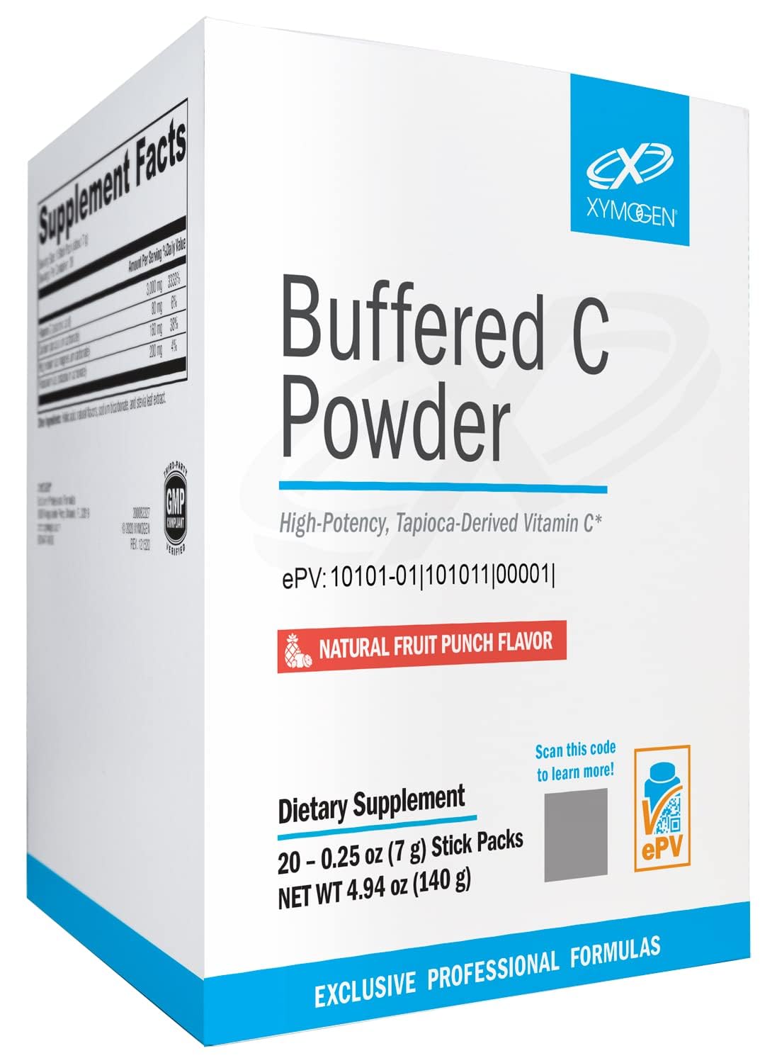 XYMOGEN Buffered C Powder stick-pack, convenient on-the-go vitamin C boost