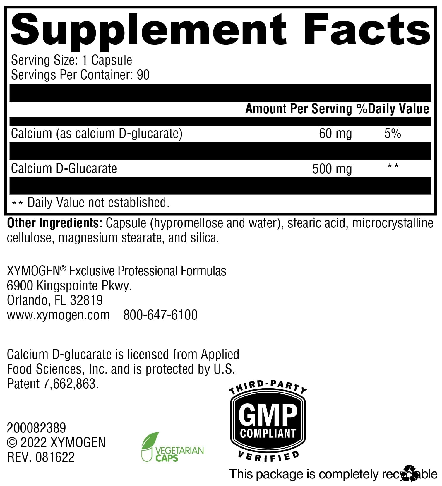 XYMOGEN Calcium D-Glucarate capsule close-up highlighting dosage and quality.