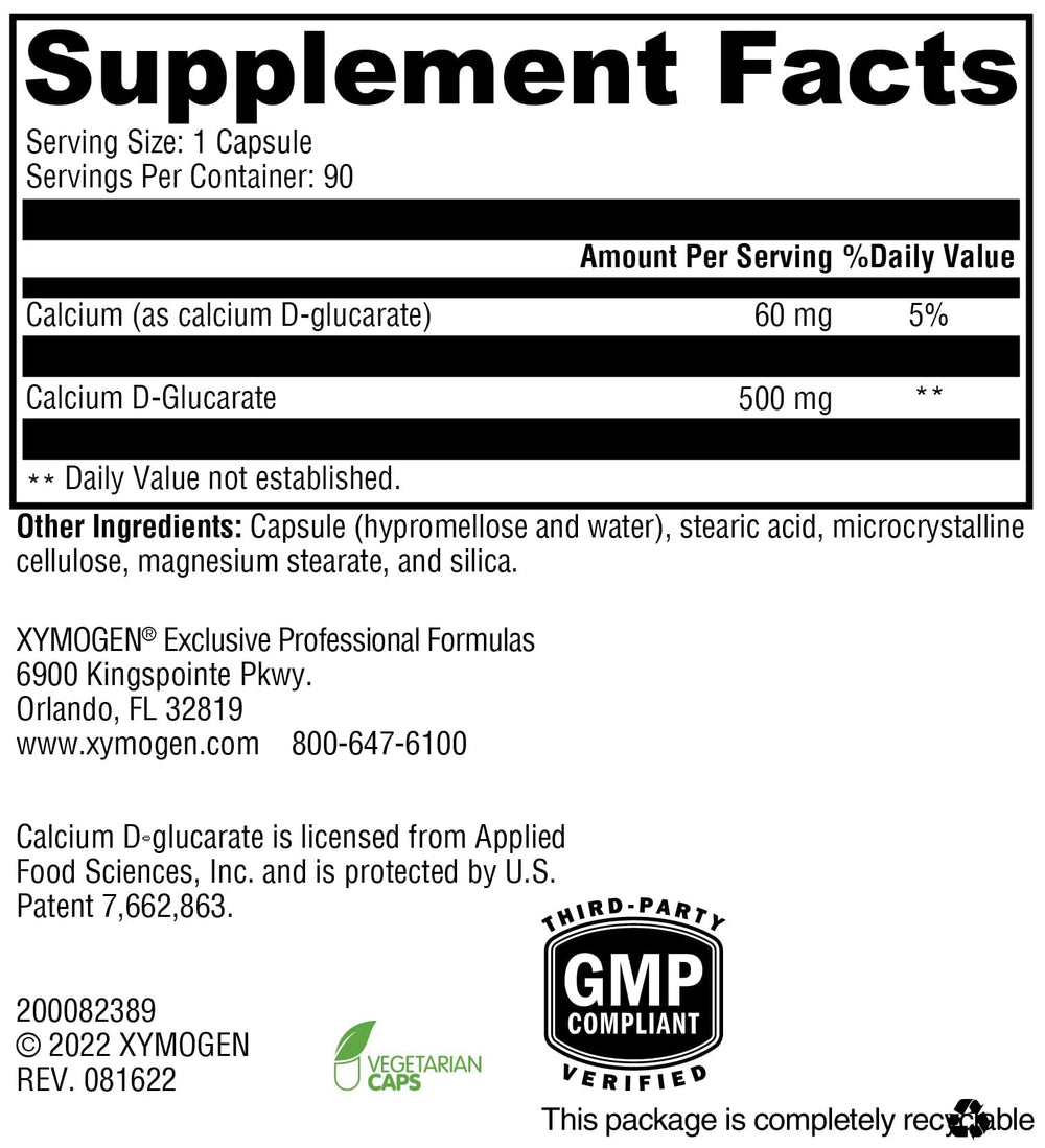 XYMOGEN Calcium D-Glucarate capsule close-up highlighting dosage and quality.