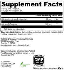 XYMOGEN Calcium D-Glucarate capsule close-up highlighting dosage and quality.