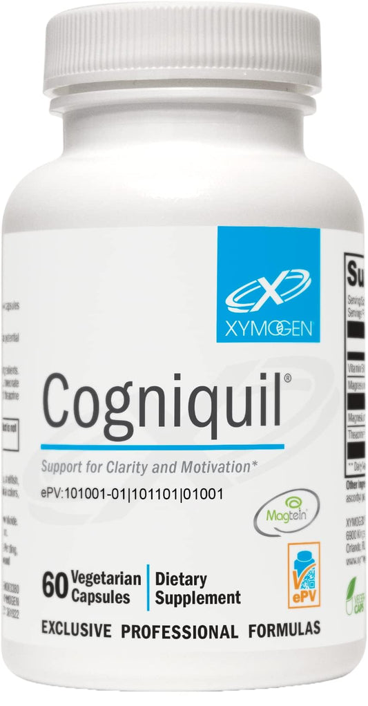 XYMOGEN Cogniquil bottle front view, non-GMO, gluten-free brain support.