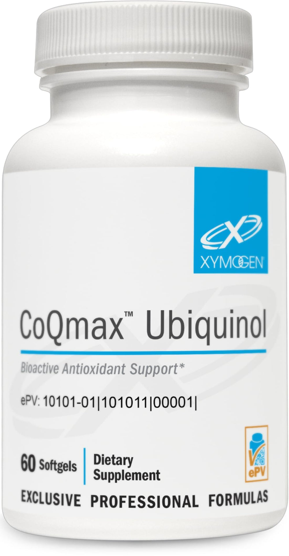 XYMOGEN CoQmax bottle with ubiquinol softgels for antioxidant support