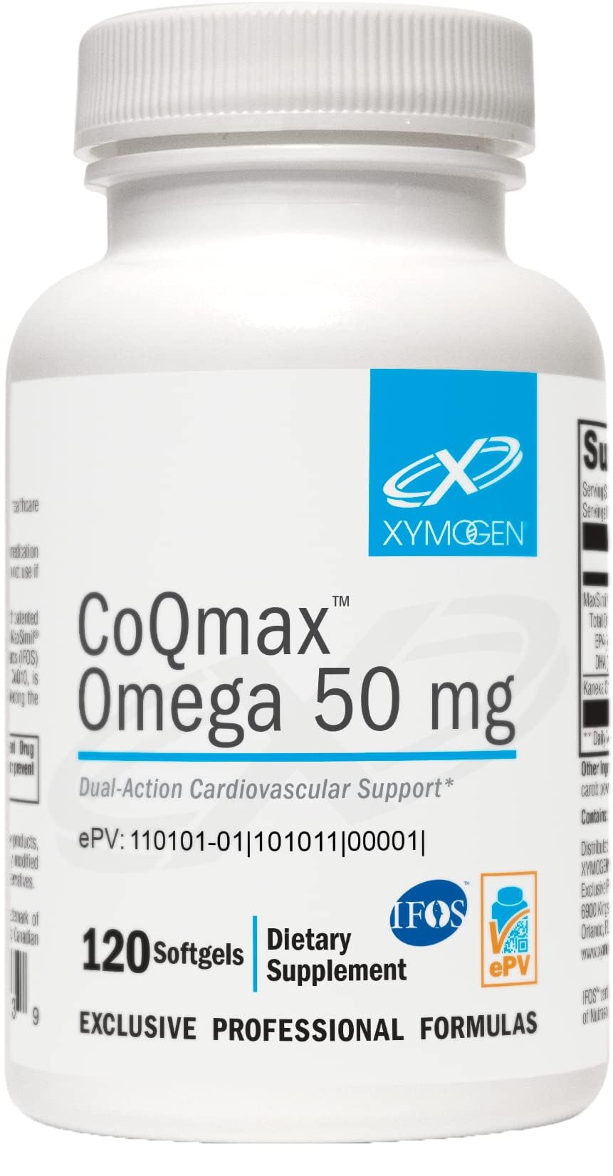 XYMOGEN CoQmax Omega bottle label closeup for quick daily heart health reference