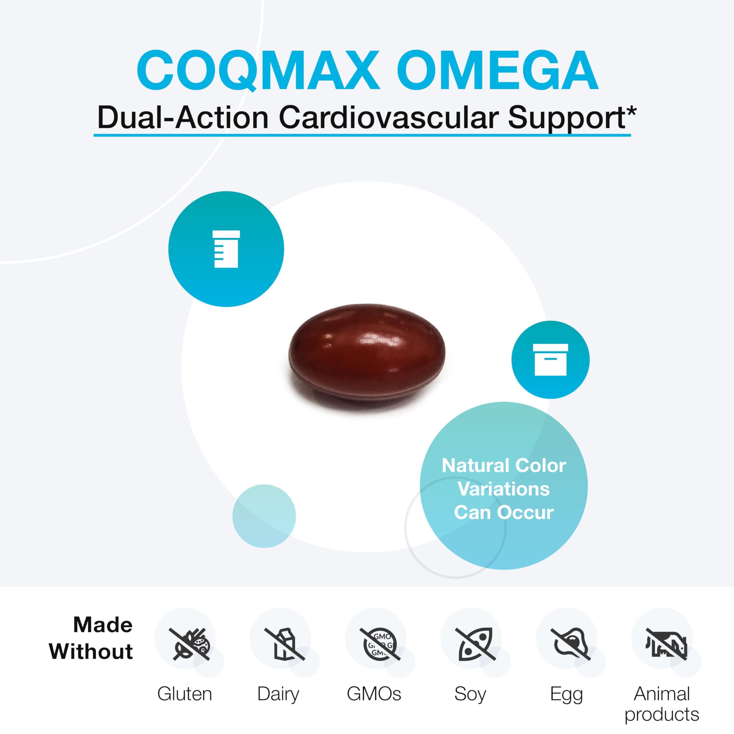 XYMOGEN CoQmax Omega bottle open showing easy-to-swallow softgels