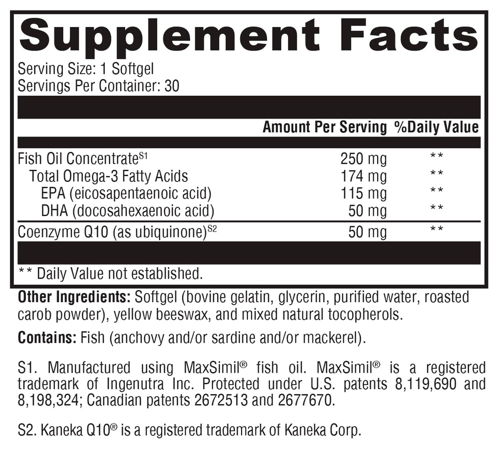 XYMOGEN CoQmax Omega softgels resting in hand for easy daily intake