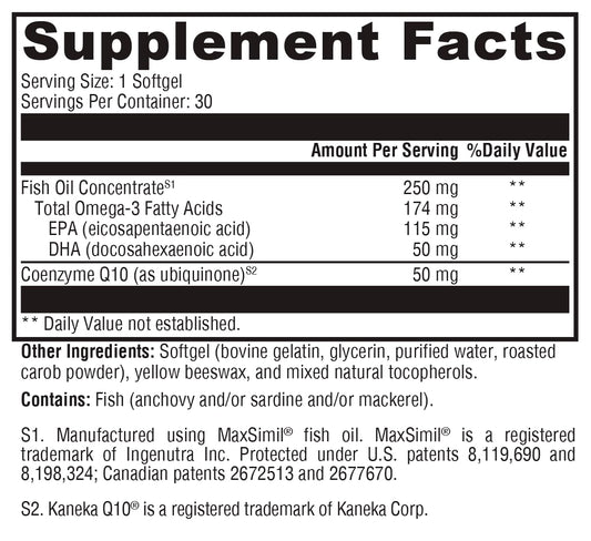 XYMOGEN CoQmax Omega softgels resting in hand for easy daily intake