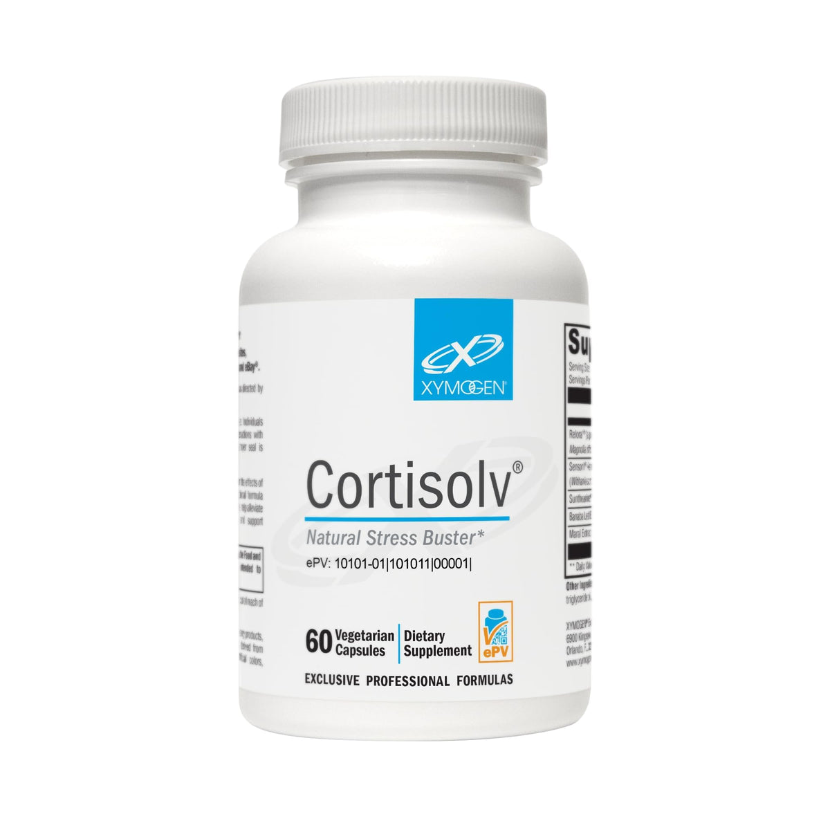 XYMOGEN Cortisolv bottle packaging shown for daily stress support.