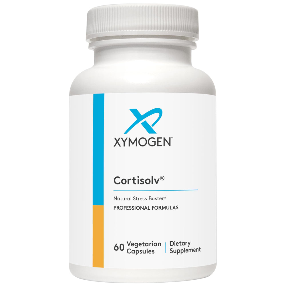 XYMOGEN Cortisolv bottle on table during morning routine.