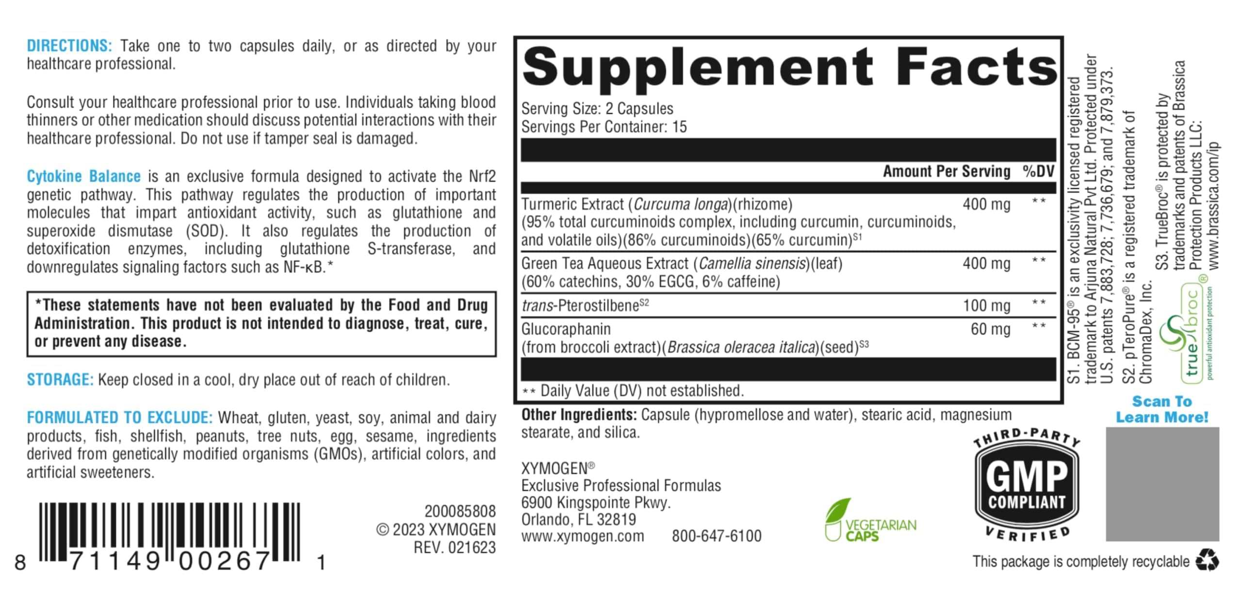 XYMOGEN Cytokine Balance jar shows glucoraphanin capsules supporting detox pathways