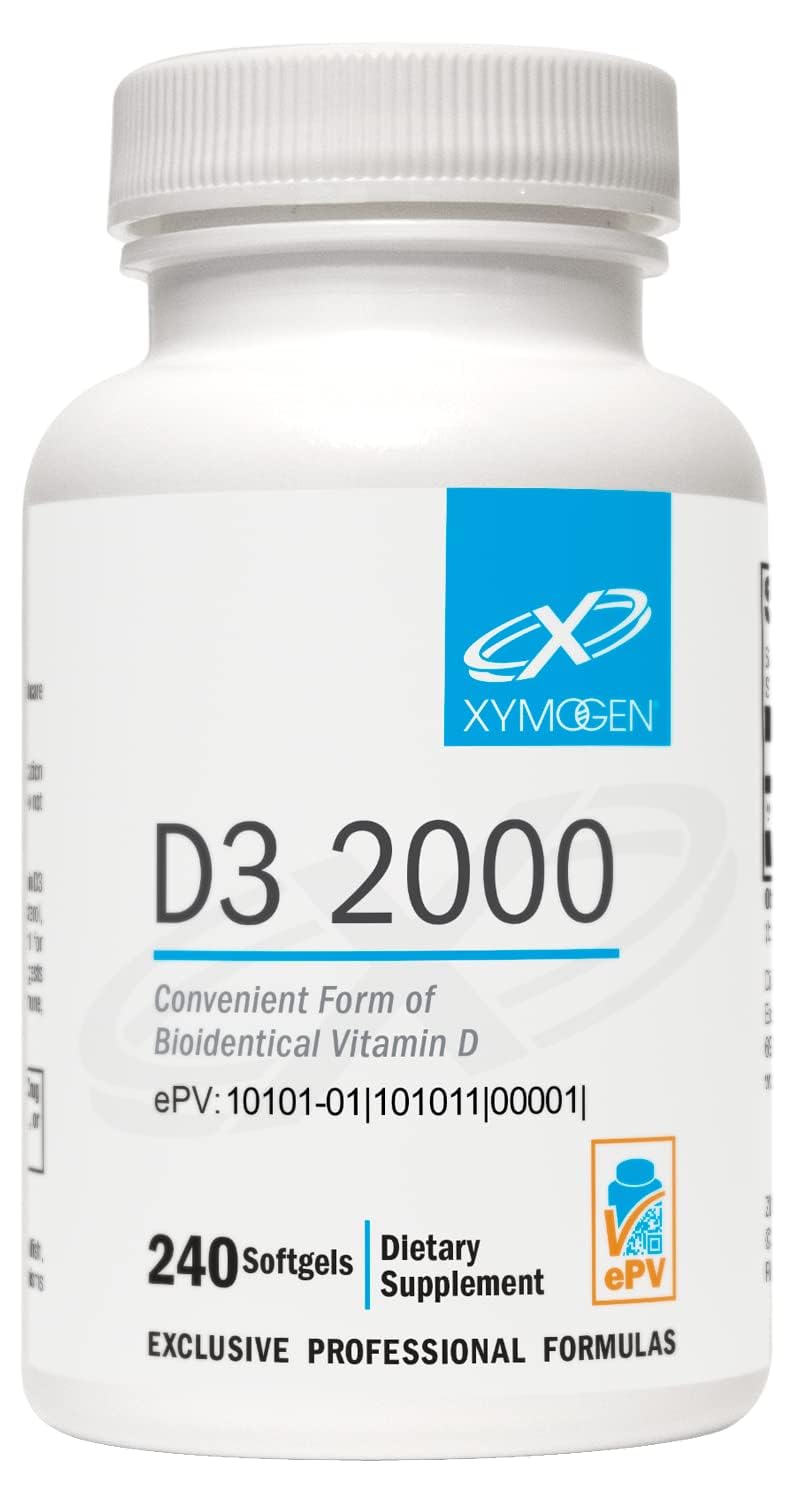 XYMOGEN D3 2000 softgel bottle supports immune health and daily vitamin D intake.