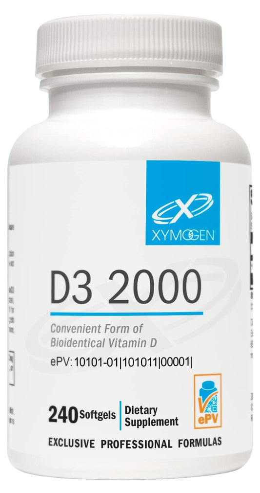 XYMOGEN D3 2000 softgel bottle supports immune health and daily vitamin D intake.