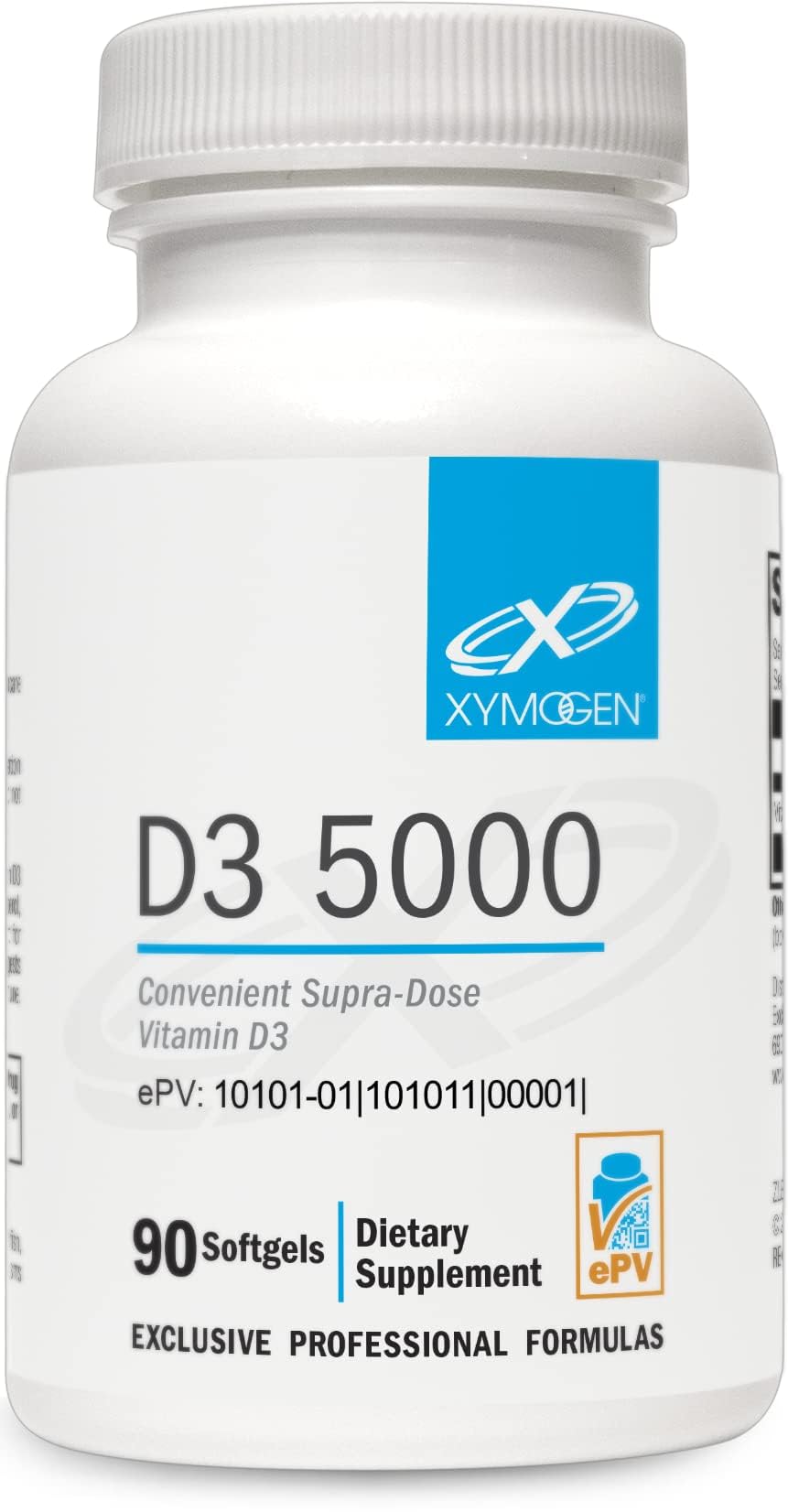 XYMOGEN D3 5000 IU softgels bottle front view for daily immune support.