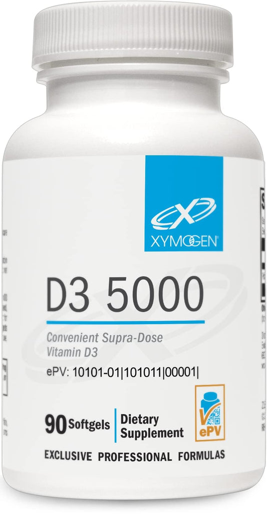 XYMOGEN D3 5000 IU softgels bottle front view for daily immune support.