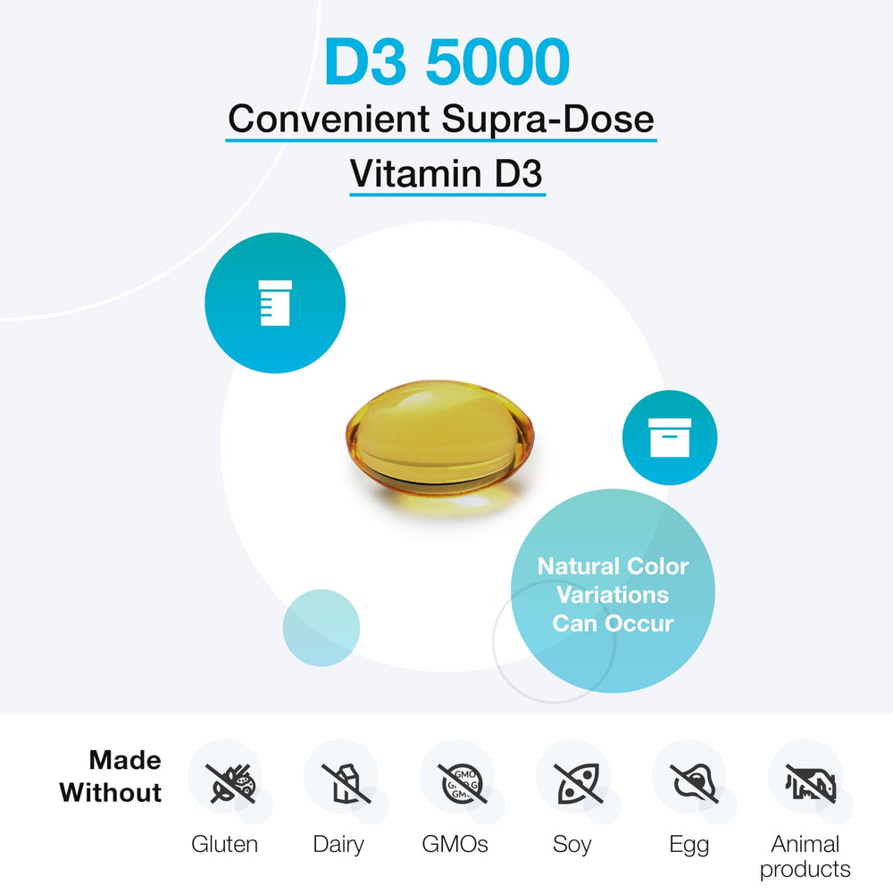 XYMOGEN D3 5000 softgels capsules on a clean surface for routine intake