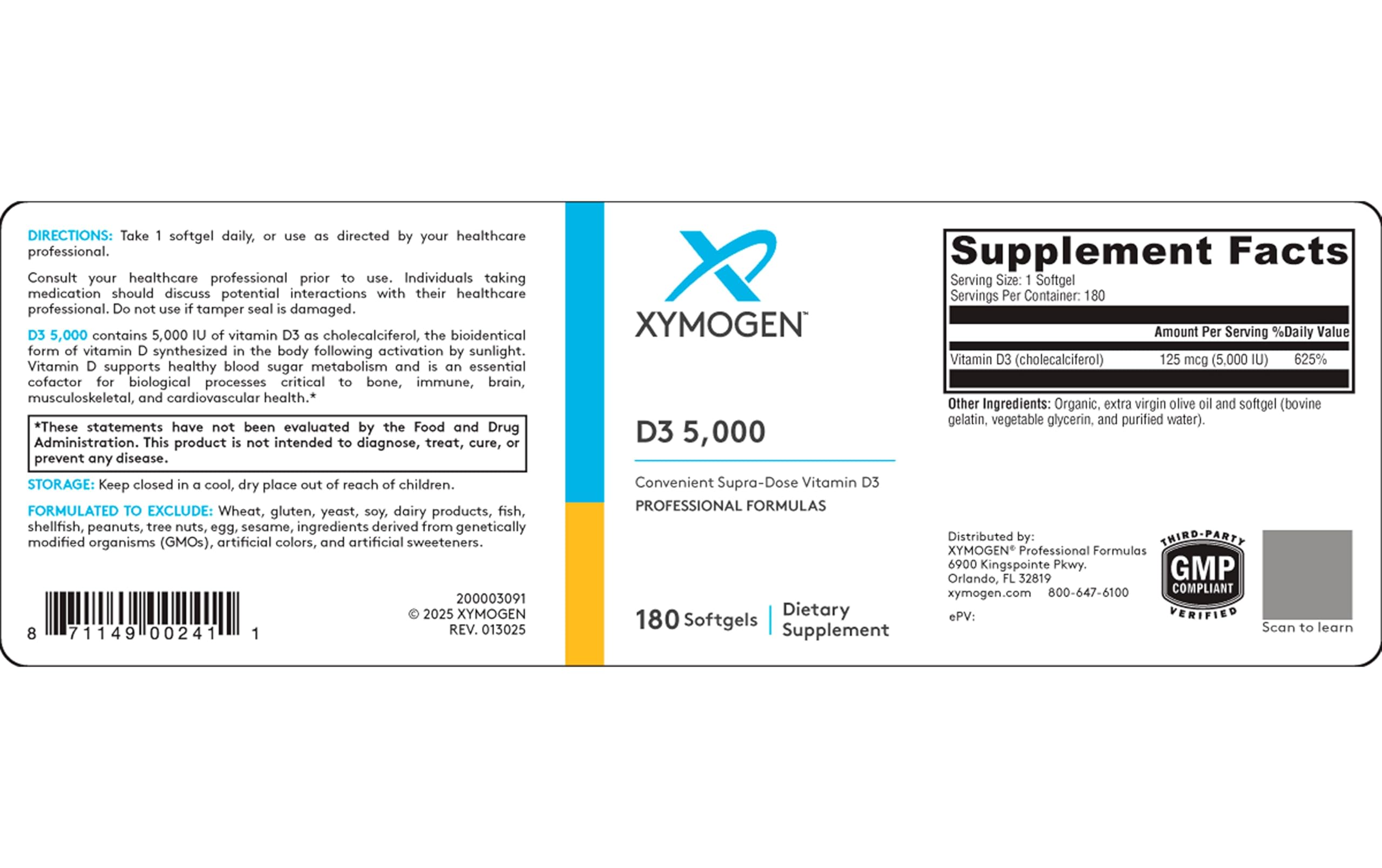 XYMOGEN D3 5000 softgels label closeup showing purity and allergen exclusions