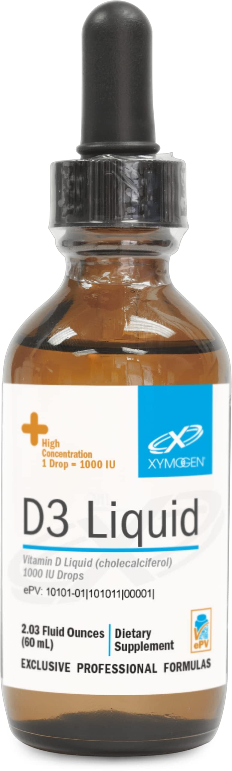 XYMOGEN D3 Liquid bottle with dropper supports immune and bone health.
