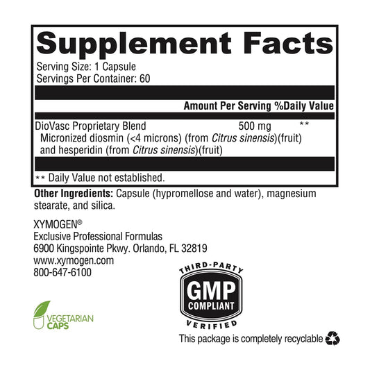 Xymogen DioVasc bottle front highlighting a compact vein health supplement