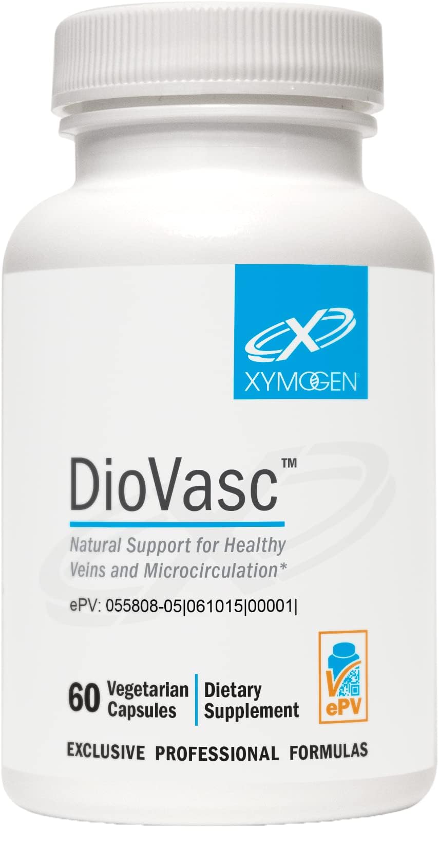 Xymogen DioVasc capsule close-up showing micronized diosmin for absorption and venous support