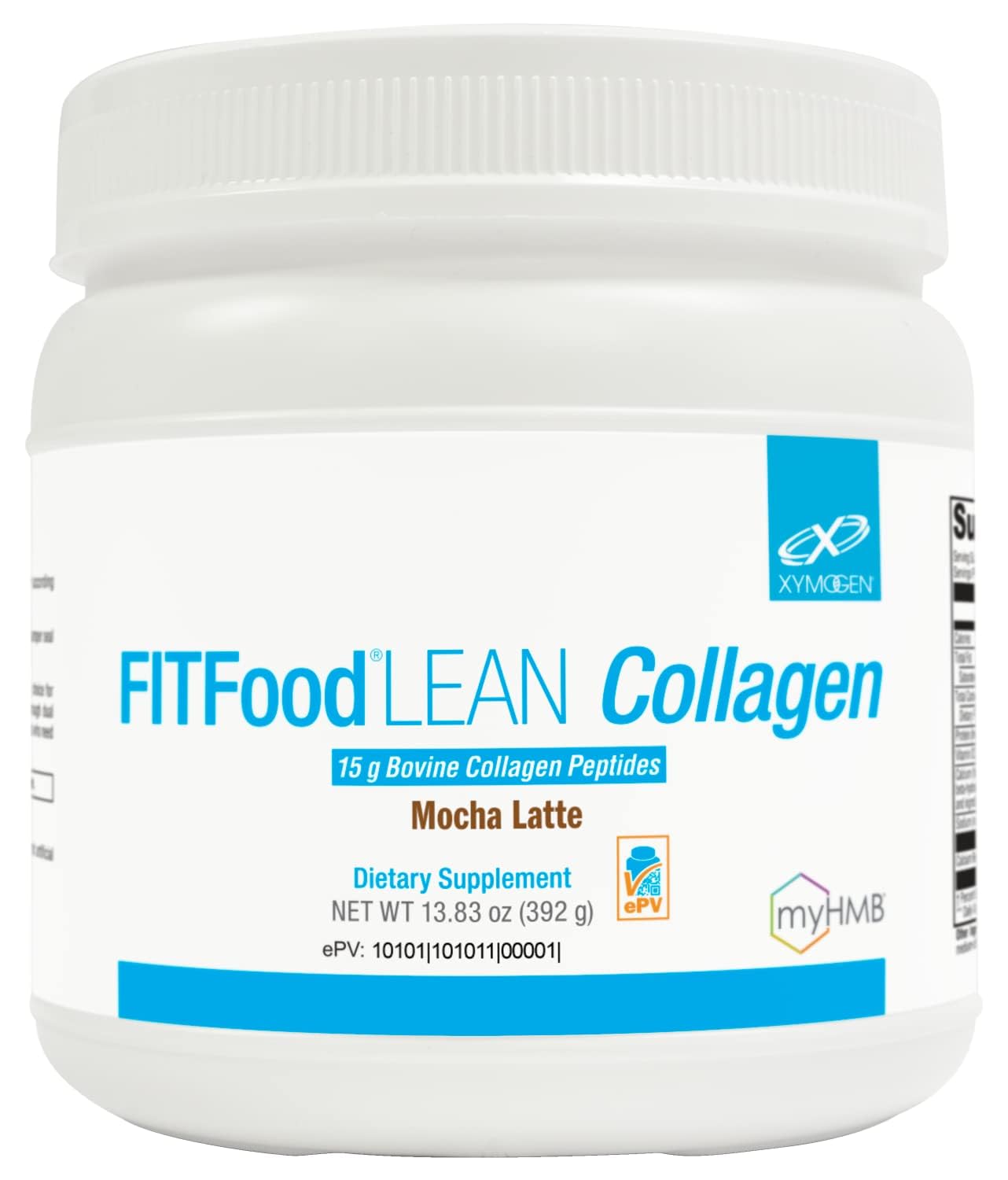 Xymogen Fit Food Lean Collagen Mocha Latte tub with scoop for convenient recovery support.