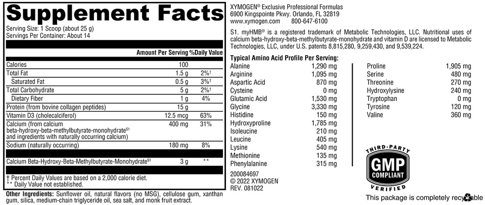 Close-up of XYMOGEN FIT ingredient panel showing HMB and Vitamin D3 for muscle recovery