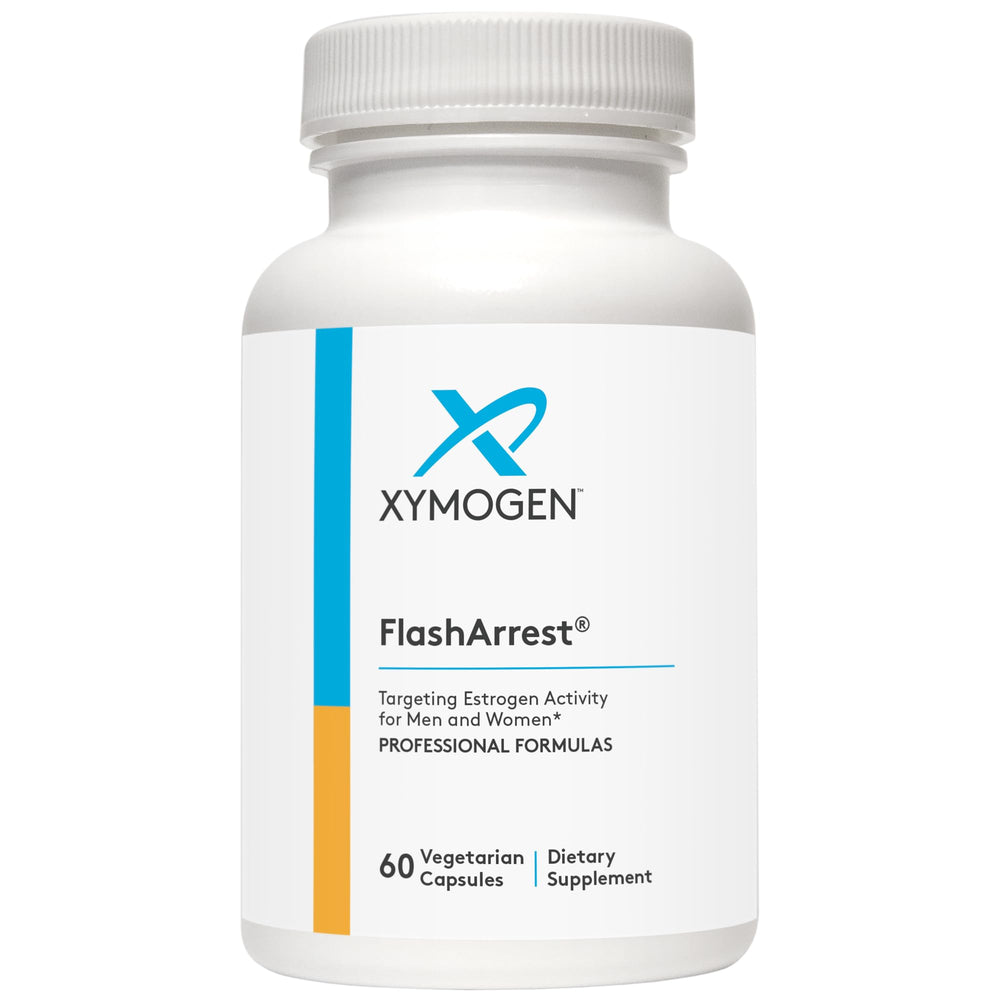 XYMOGEN FlashArrest bottle cap view highlighting hops extract and estrogen activity support