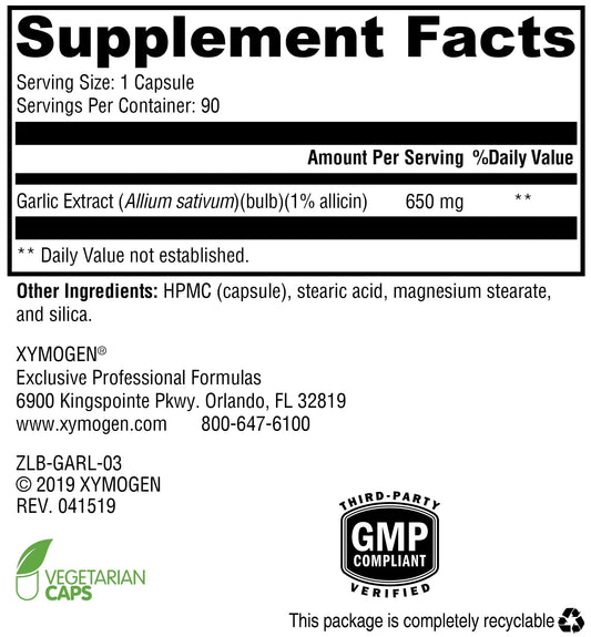 GarliX ingredients panel highlights allicin and alliin content.
