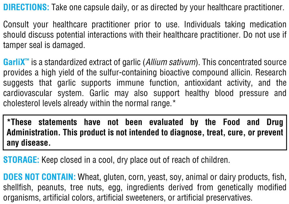 GarliX label detailing non-GMO and allergen-free formulation.