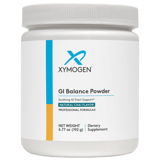 XYMOGEN GI Balance bottle highlighting marshmallow root and zinc L-carnosine for gut support.