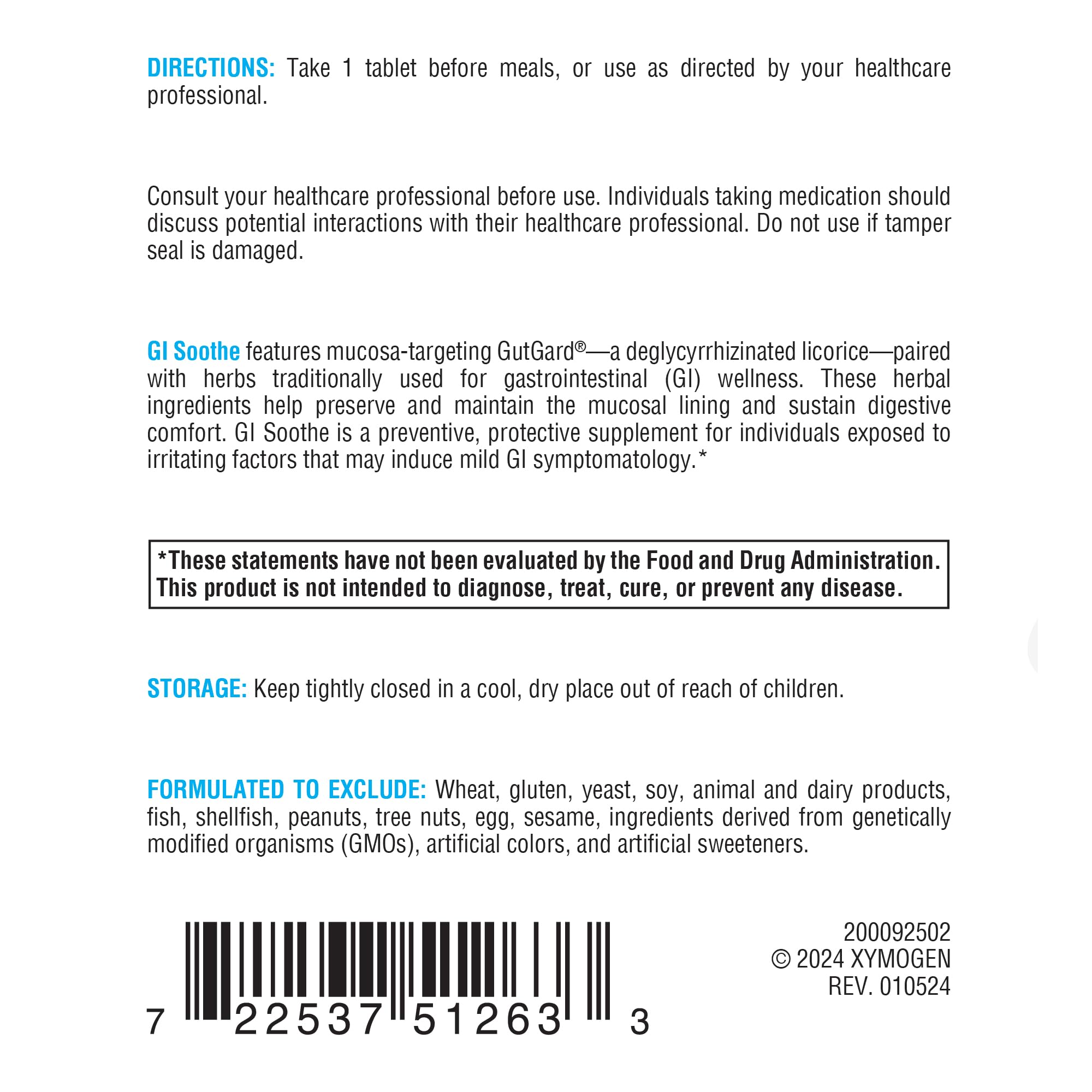  XYMOGEN GI Soothe ingredients chart featuring slippery elm, licorice and marshmallow.