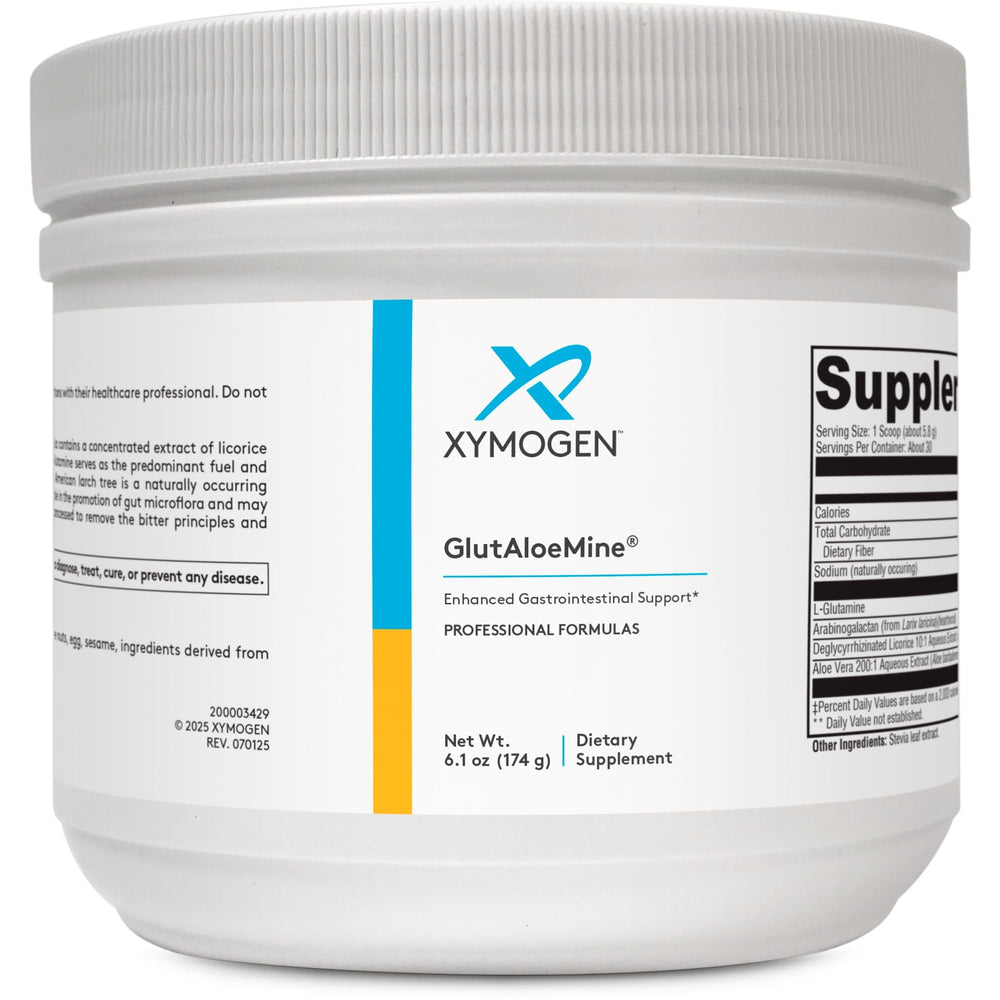 XYMOGEN GlutAloeMine powder bottle for gut support and daily use.