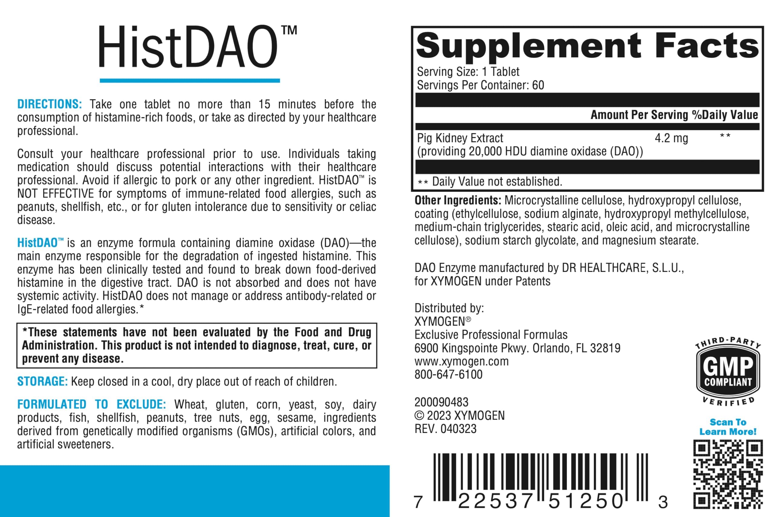 Closeup of XYMOGEN HistDAO tablet highlighting high DAO dose.