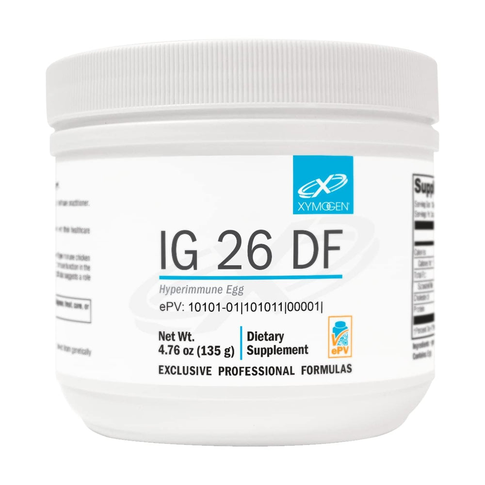 Xymogen IG 26 DF powder bottle for dairy-free immune support.