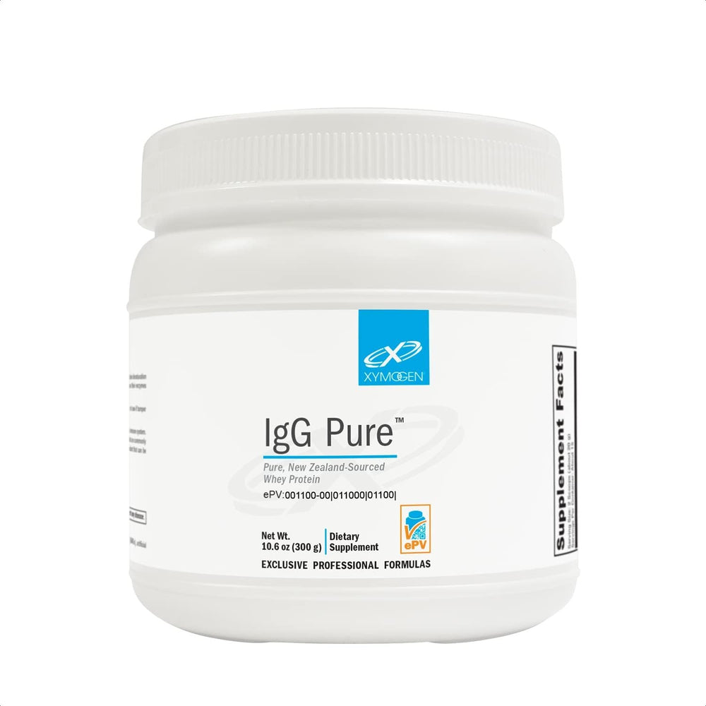 Xymogen IgG Pure whey bottle label showing immunoglobulins for immune balance