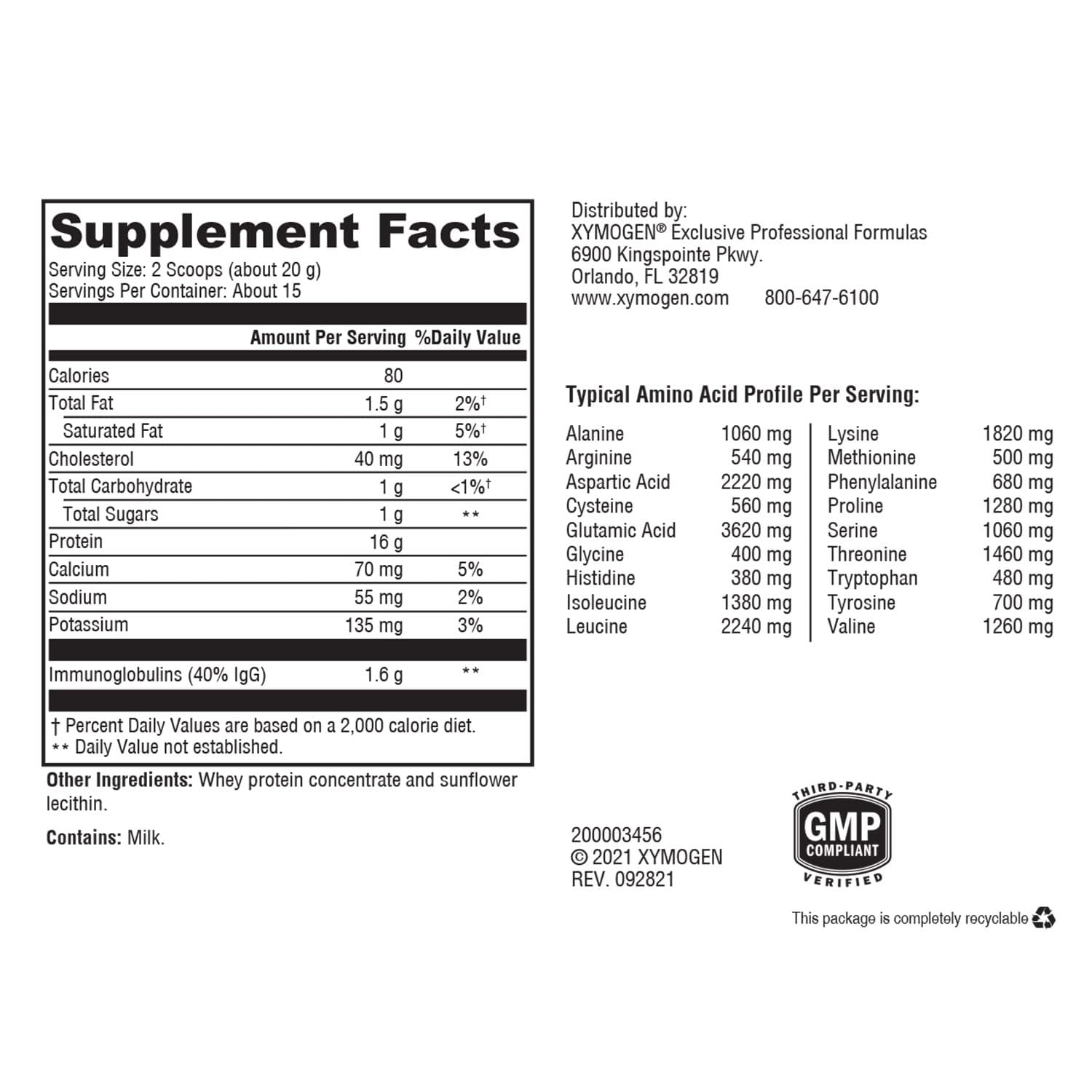Xymogen IgG Pure whey powder close-up highlighting ingredients