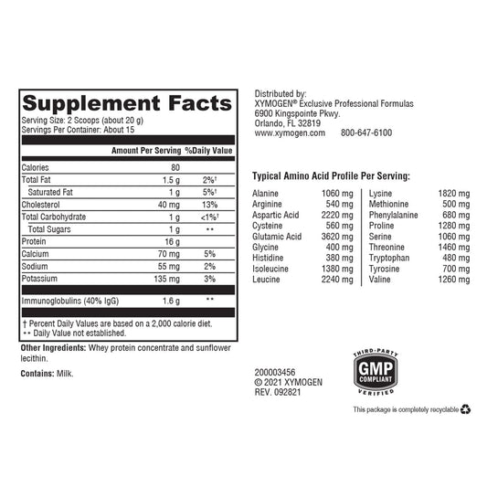 Xymogen IgG Pure whey powder close-up highlighting ingredients