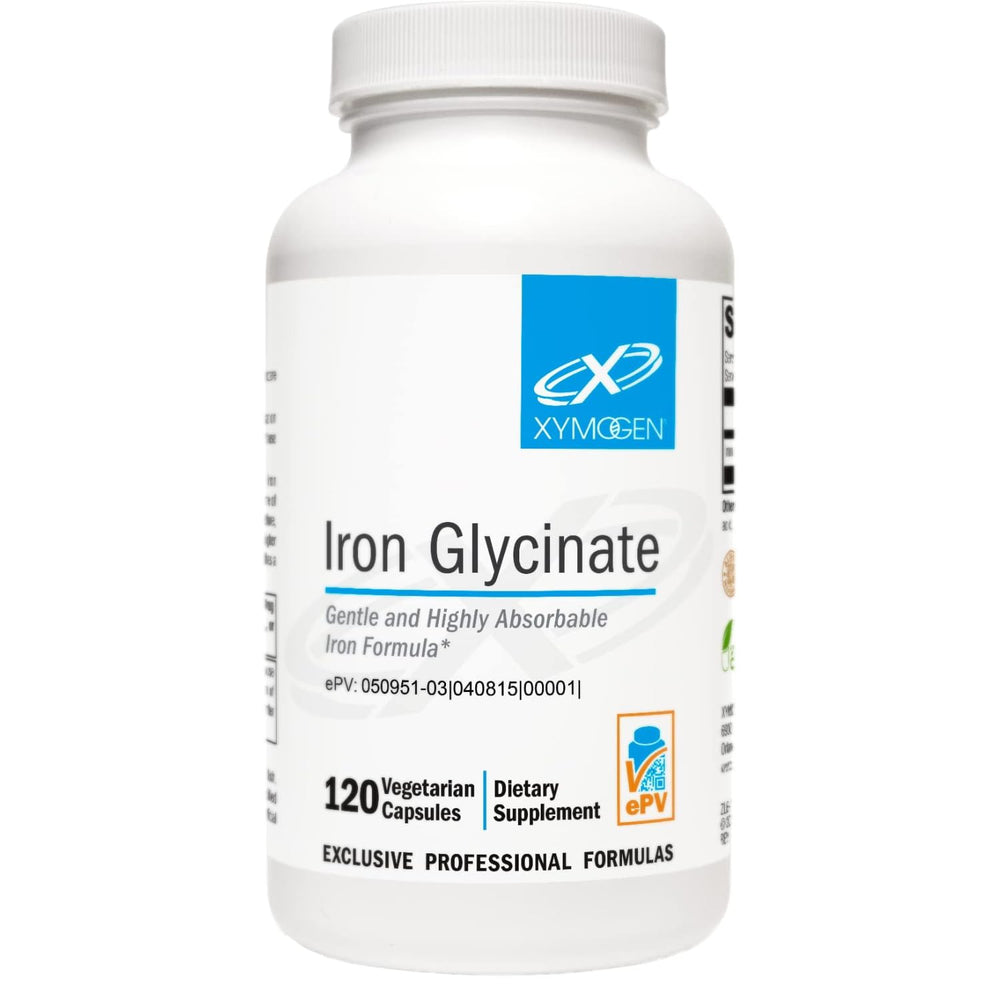 XYMOGEN Iron Glycinate bottle demonstrates high absorption for iron support.