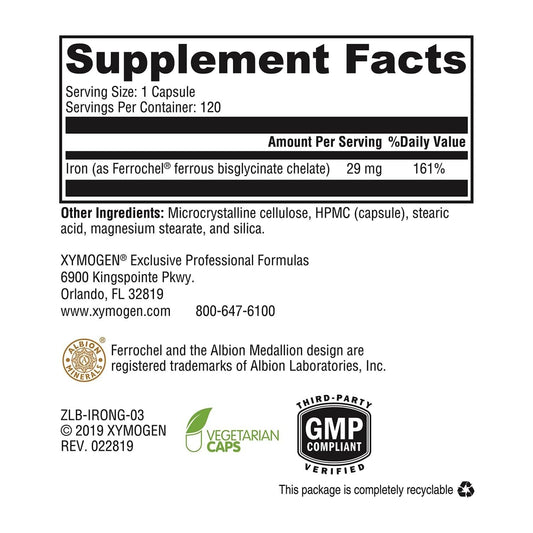 XYMOGEN Iron Glycinate capsules close-up highlights easy-to-swallow form.