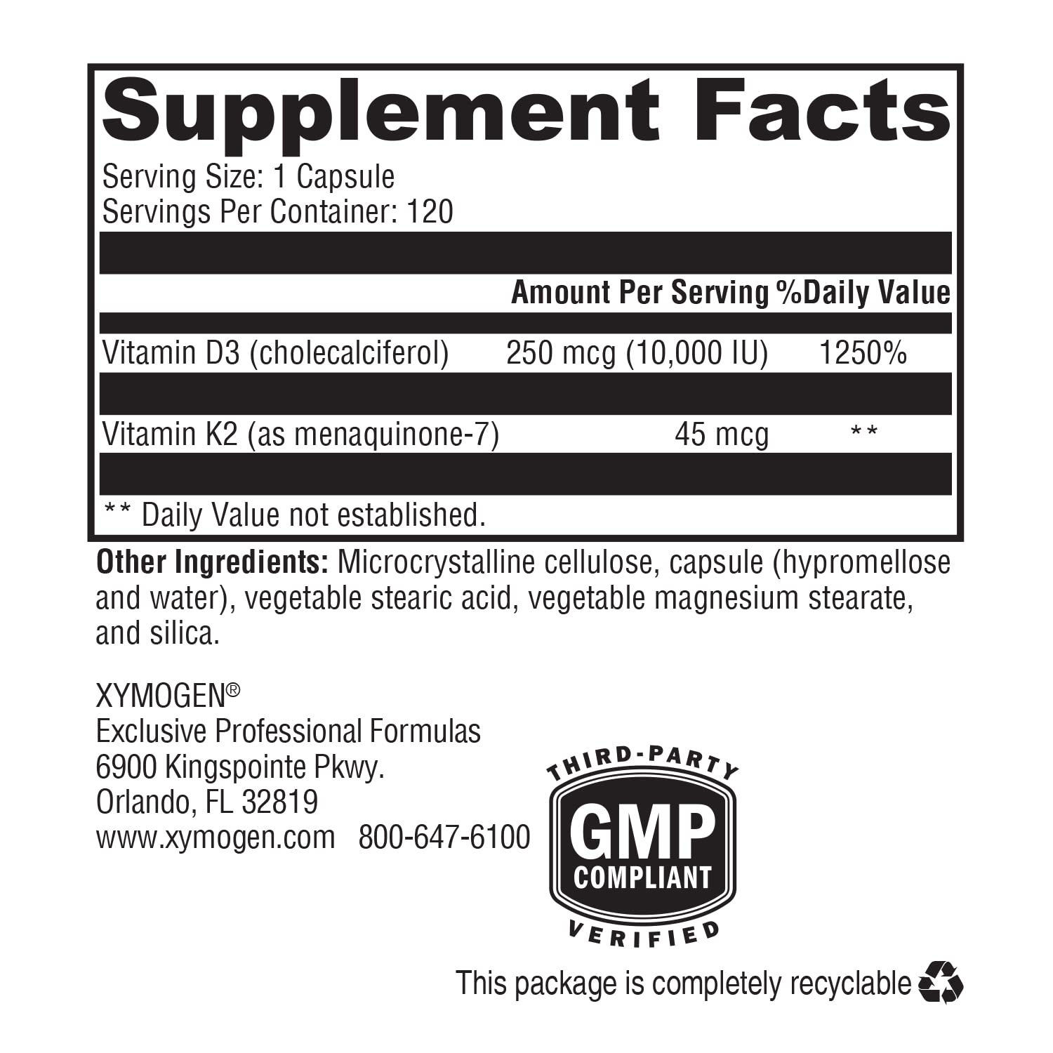 XYMOGEN K2-D3 label detail highlights vitamin D3 and MK-7 together