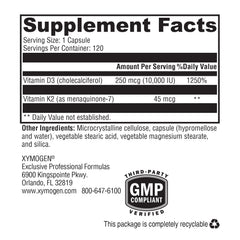 XYMOGEN K2-D3 label detail highlights vitamin D3 and MK-7 together