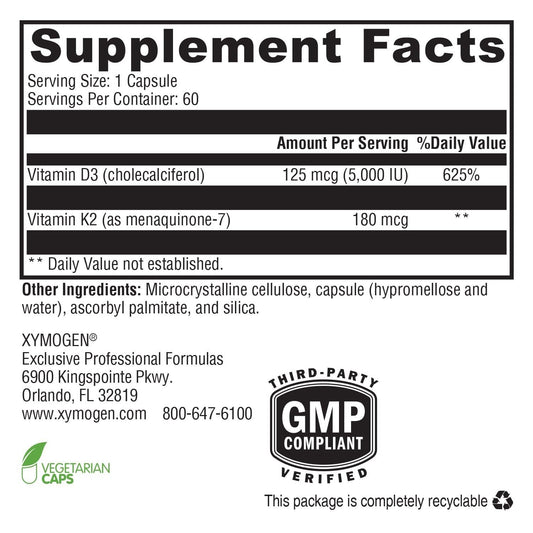 XYMOGEN K2-D3 5000 capsules close-up highlighting high-potency D3 with K2