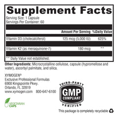 XYMOGEN K2-D3 5000 capsules close-up highlighting high-potency D3 with K2