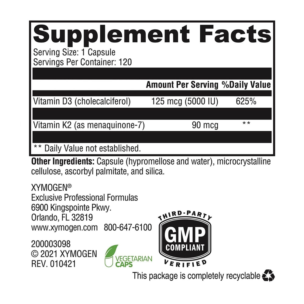 XYMOGEN K2-D3 5000 capsules for convenient daily bone and immune support