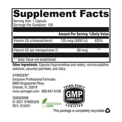 XYMOGEN K2-D3 5000 capsules for convenient daily bone and immune support